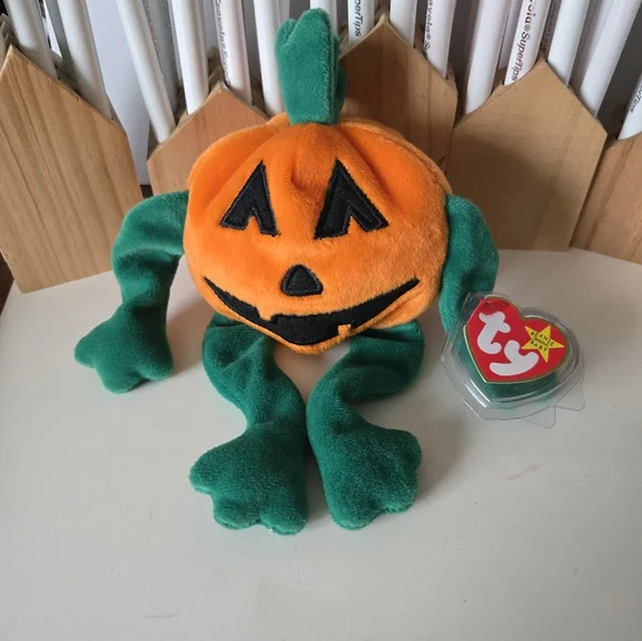 Ty 1998 pumpk'n the pumpkin beanie baby jack-o-lantern tag with cover orange 90s - Picture 15 of 16